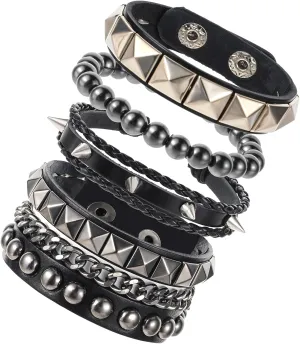4 Pcs Leather Rock Studded Bracelets, Punk PU Leather Spike Bracelet for Men Women, Leather Cuff Bracelet 80s Wristband Set Adjustable Emo Punk Accessories Grunge Bracelet for Men Women