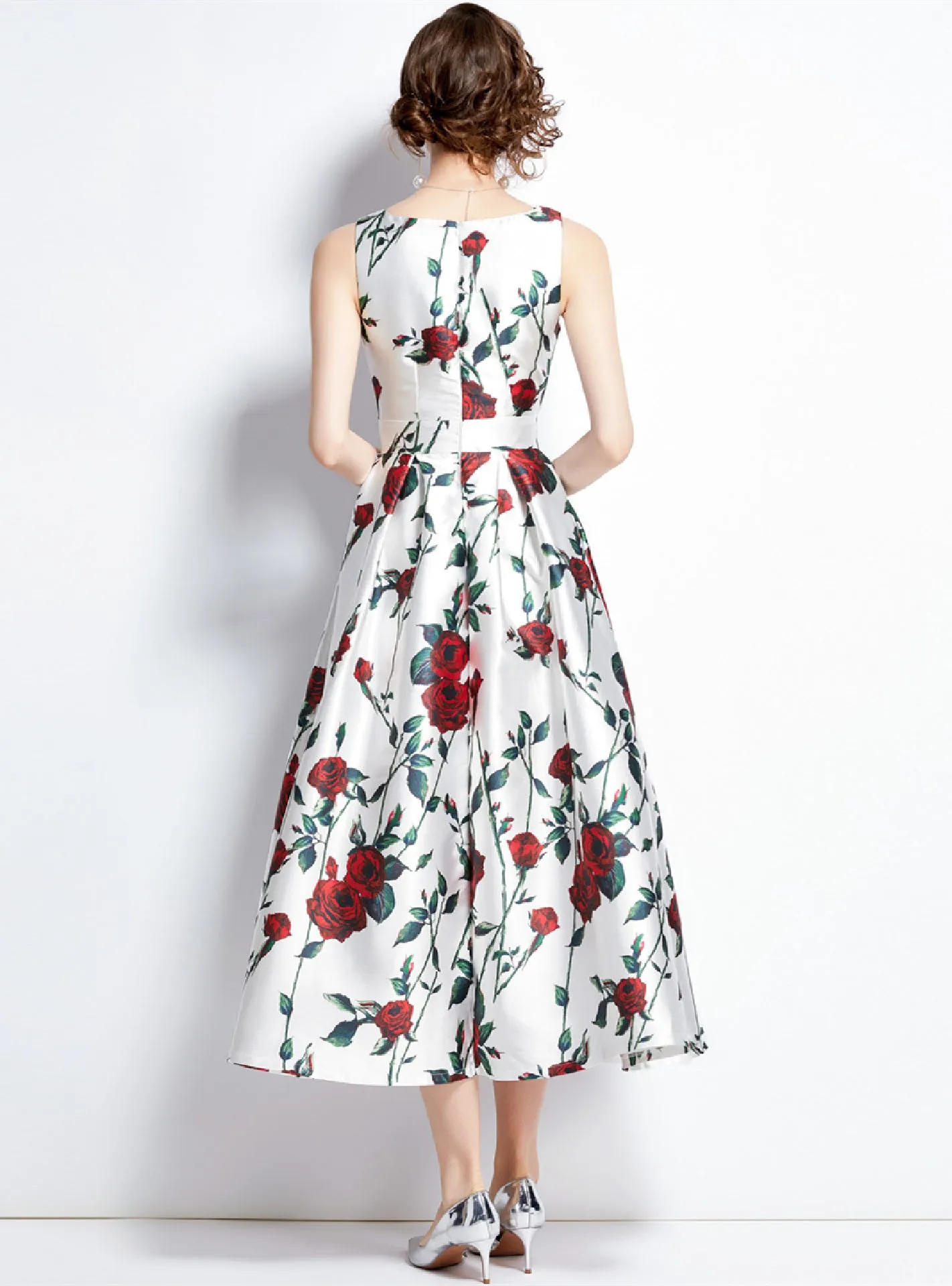 A-Line Rose Printed Sleeveless Dress