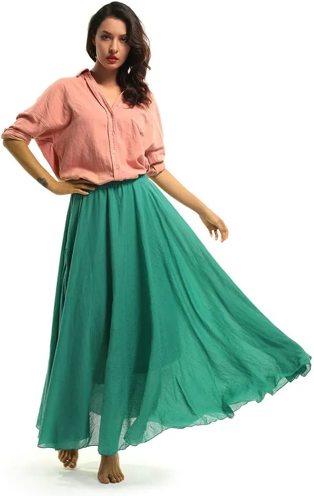 Aeslech Women's Bohemian Elastic Waist A Line Long Maxi Cotton Linen Skirt