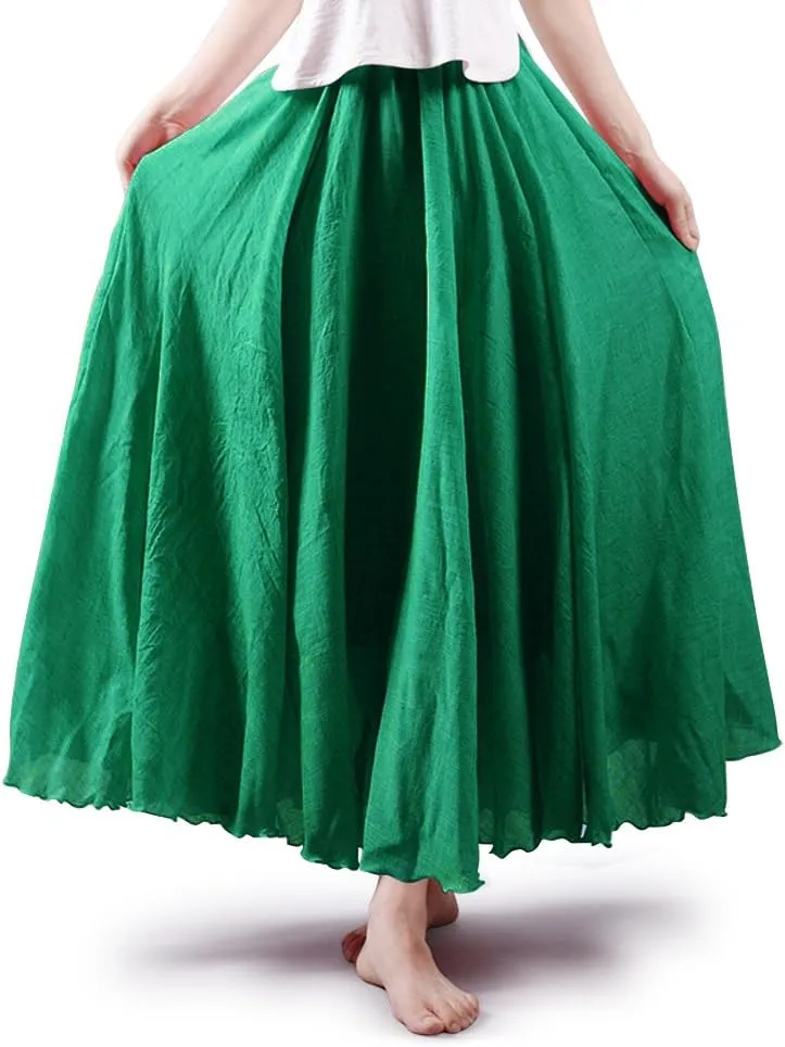 Aeslech Women's Bohemian Elastic Waist A Line Long Maxi Cotton Linen Skirt