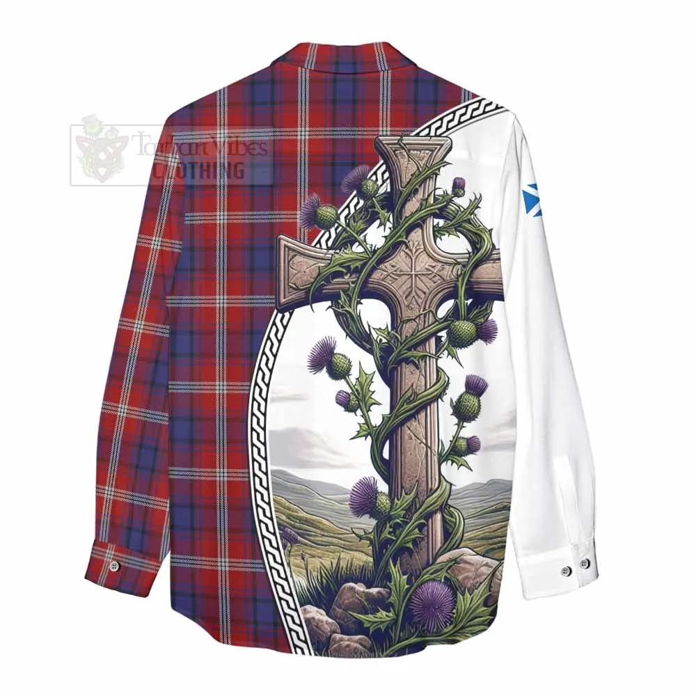 Ainslie Tartan Women's Casual Shirt with Family Crest and St. Andrew's Cross Accented by Thistle Vines