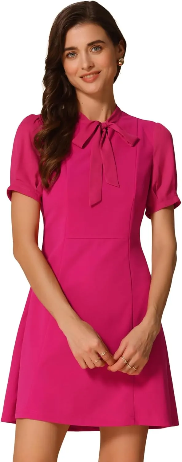 Allegra K Elegant Dresses for Women's Tie Neck Puff Short Sleeve Office Work Dress