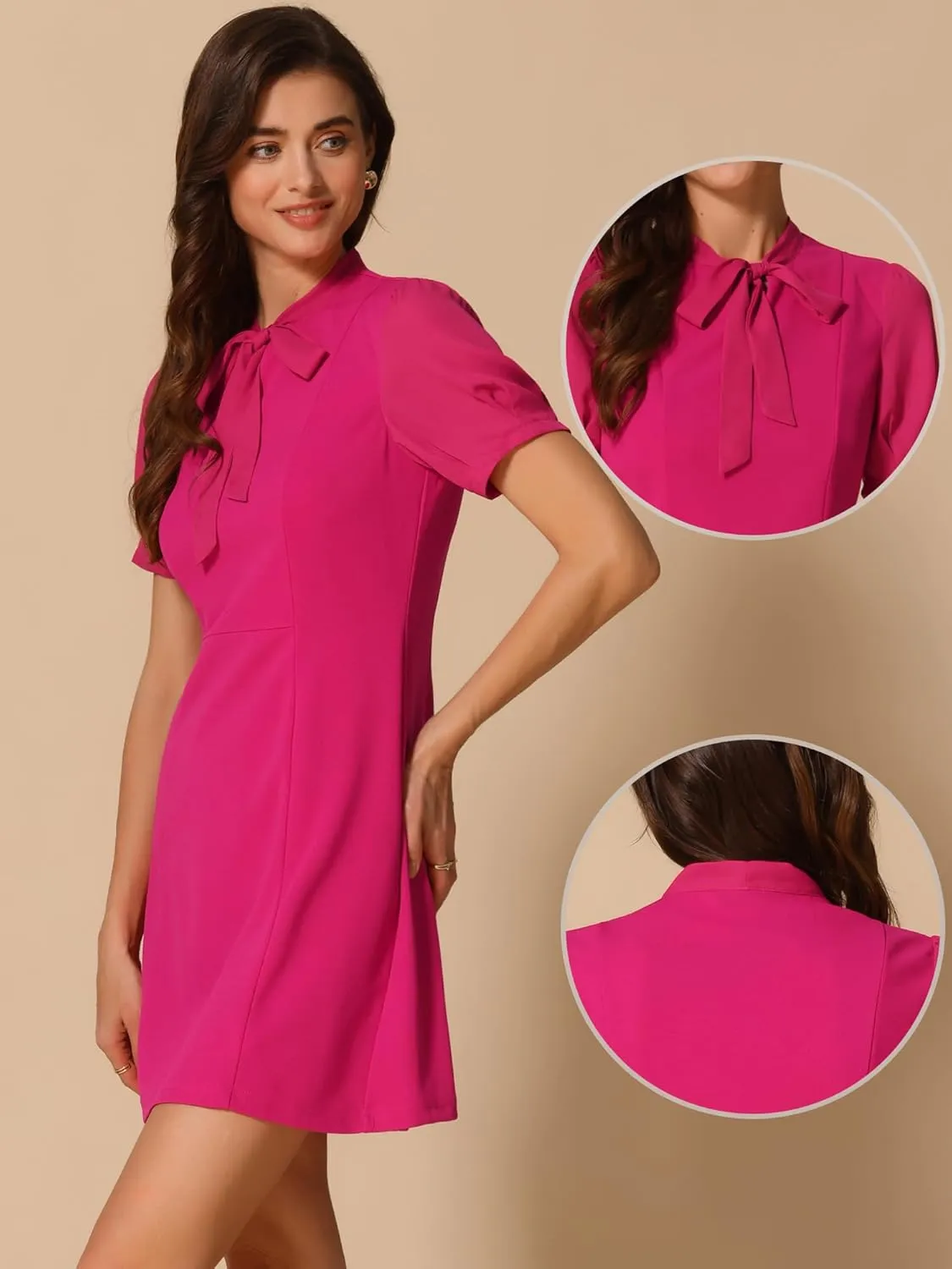 Allegra K Elegant Dresses for Women's Tie Neck Puff Short Sleeve Office Work Dress