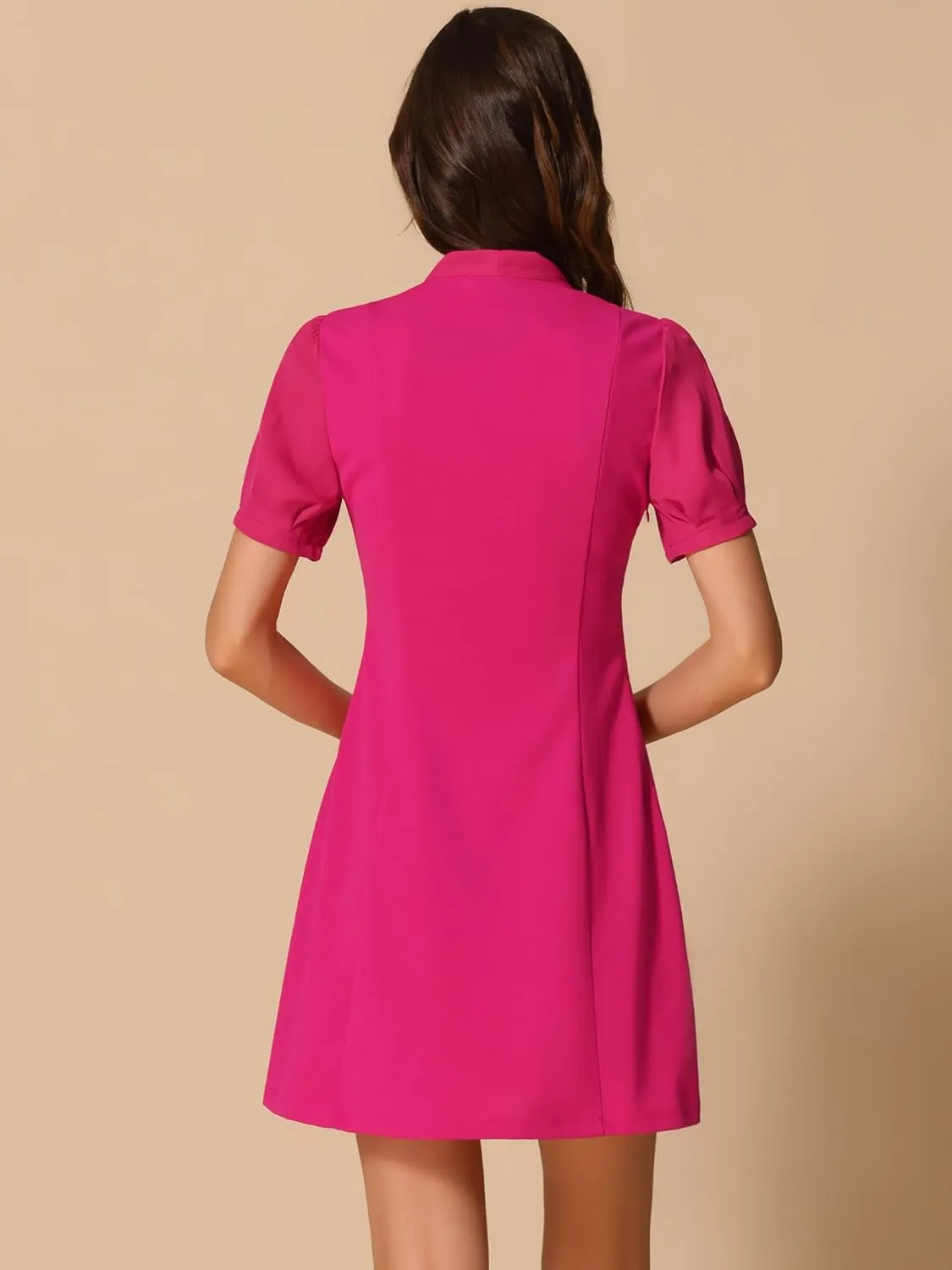 Allegra K Elegant Dresses for Women's Tie Neck Puff Short Sleeve Office Work Dress
