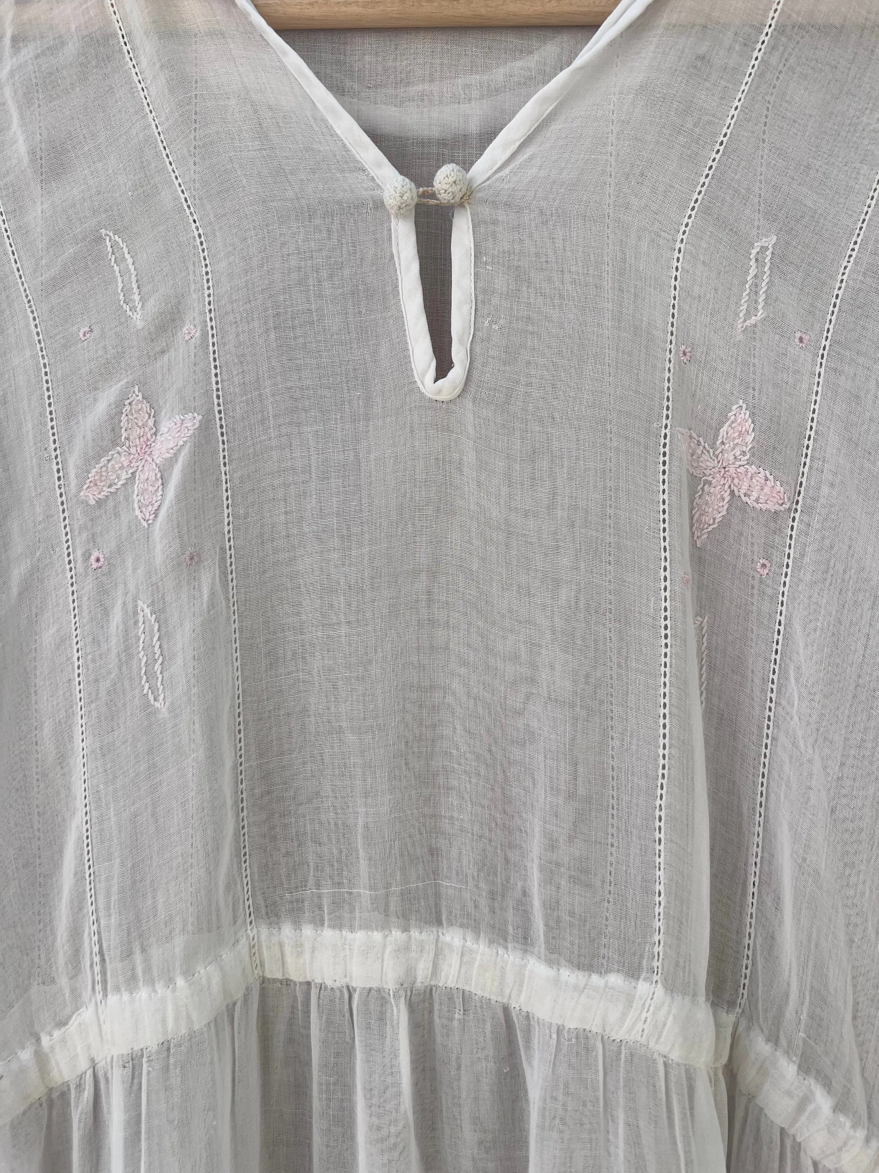 Antique 1920's White Cotton Batiste Embroidered Lawn Dress