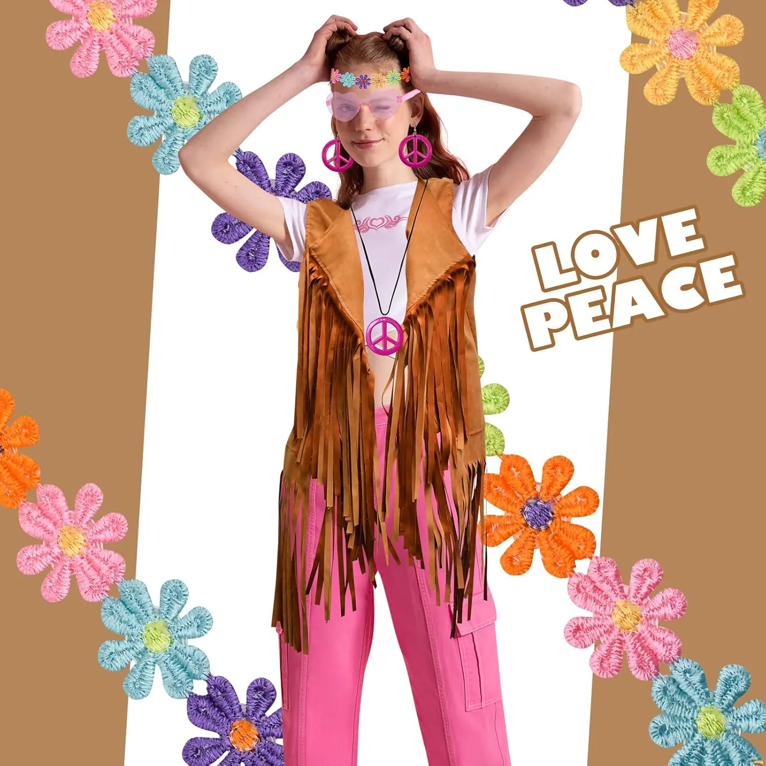 ATENTO 6 Pcs 60s 70s Outfits for Women Hippie Disco Costume Set Tassel Boho Peace Sign Earring Fringe Vest Tassel Cardigan