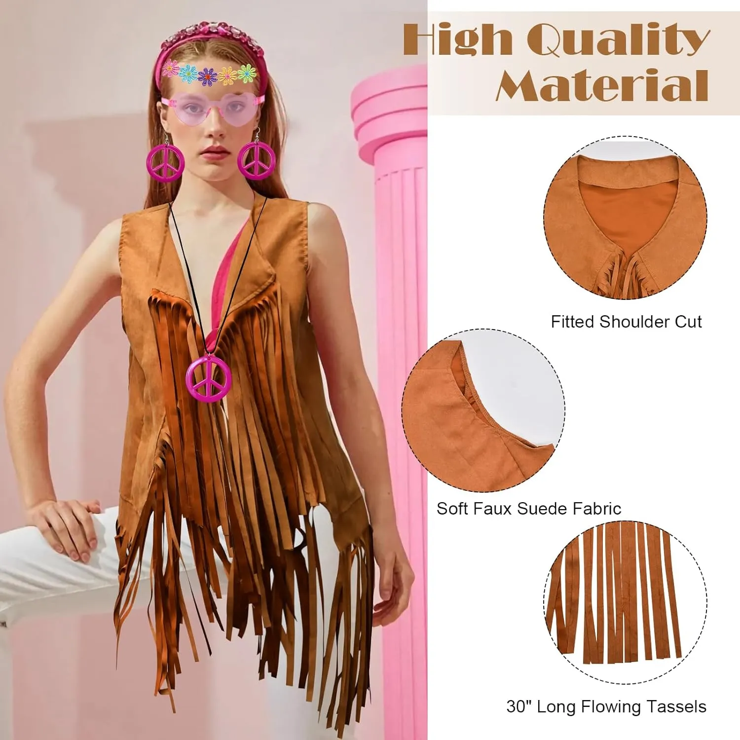 ATENTO 6 Pcs 60s 70s Outfits for Women Hippie Disco Costume Set Tassel Boho Peace Sign Earring Fringe Vest Tassel Cardigan