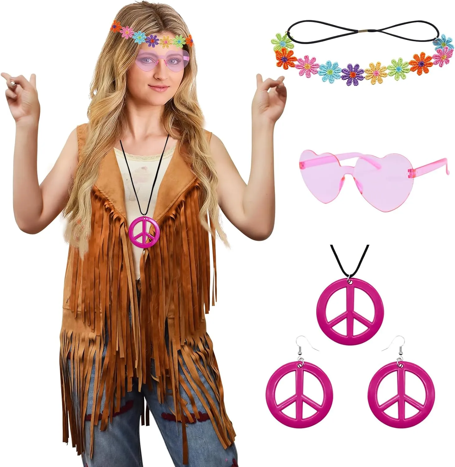 ATENTO 6 Pcs 60s 70s Outfits for Women Hippie Disco Costume Set Tassel Boho Peace Sign Earring Fringe Vest Tassel Cardigan