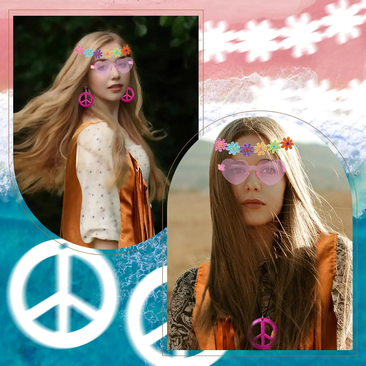 ATENTO 6 Pcs 60s 70s Outfits for Women Hippie Disco Costume Set Tassel Boho Peace Sign Earring Fringe Vest Tassel Cardigan