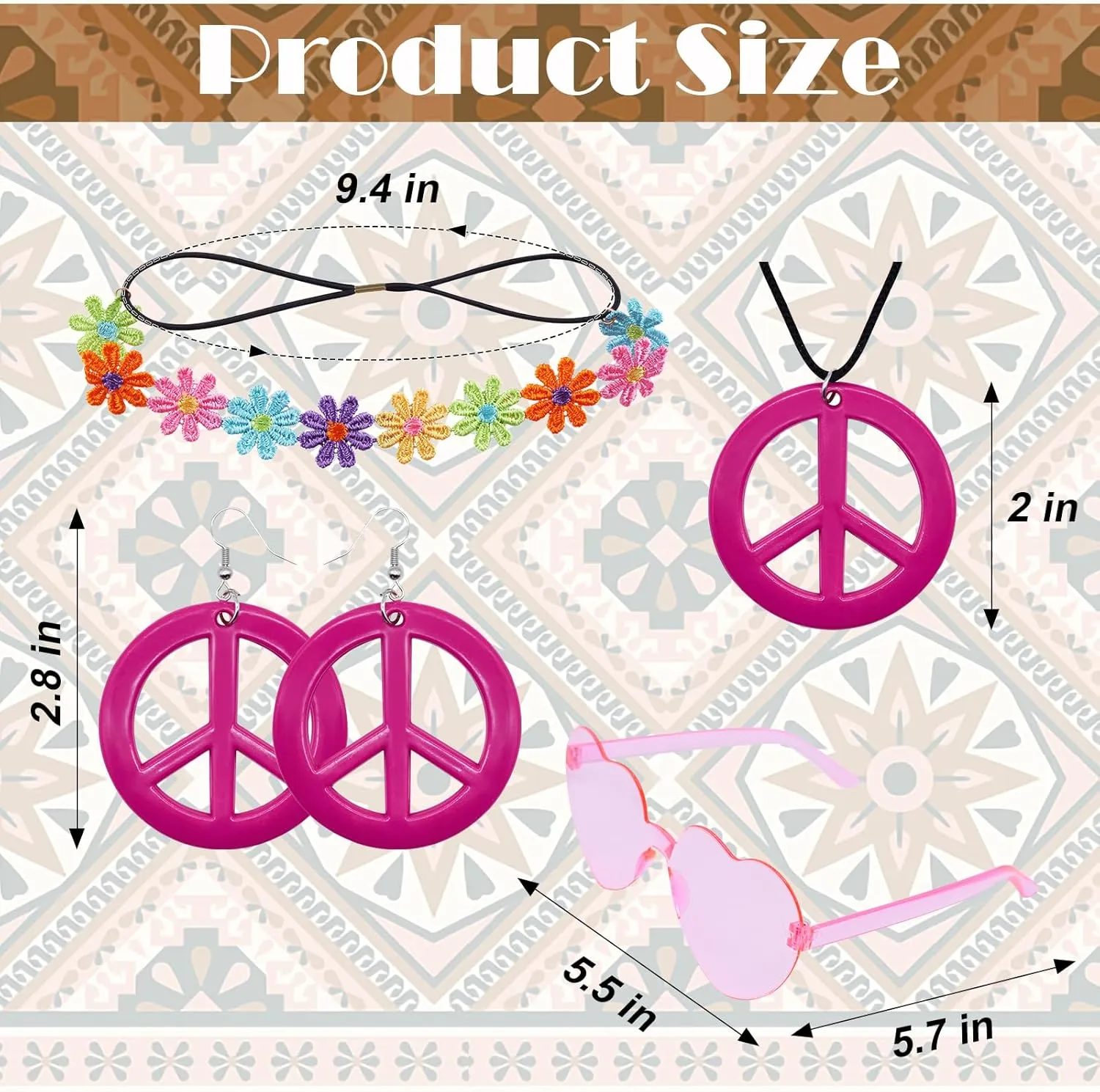 ATENTO 6 Pcs 60s 70s Outfits for Women Hippie Disco Costume Set Tassel Boho Peace Sign Earring Fringe Vest Tassel Cardigan