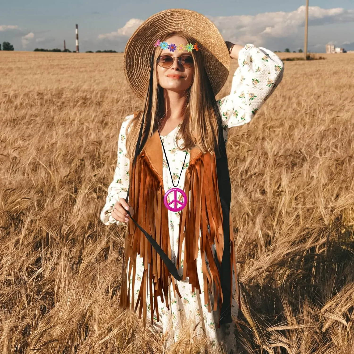 ATENTO 6 Pcs 60s 70s Outfits for Women Hippie Disco Costume Set Tassel Boho Peace Sign Earring Fringe Vest Tassel Cardigan