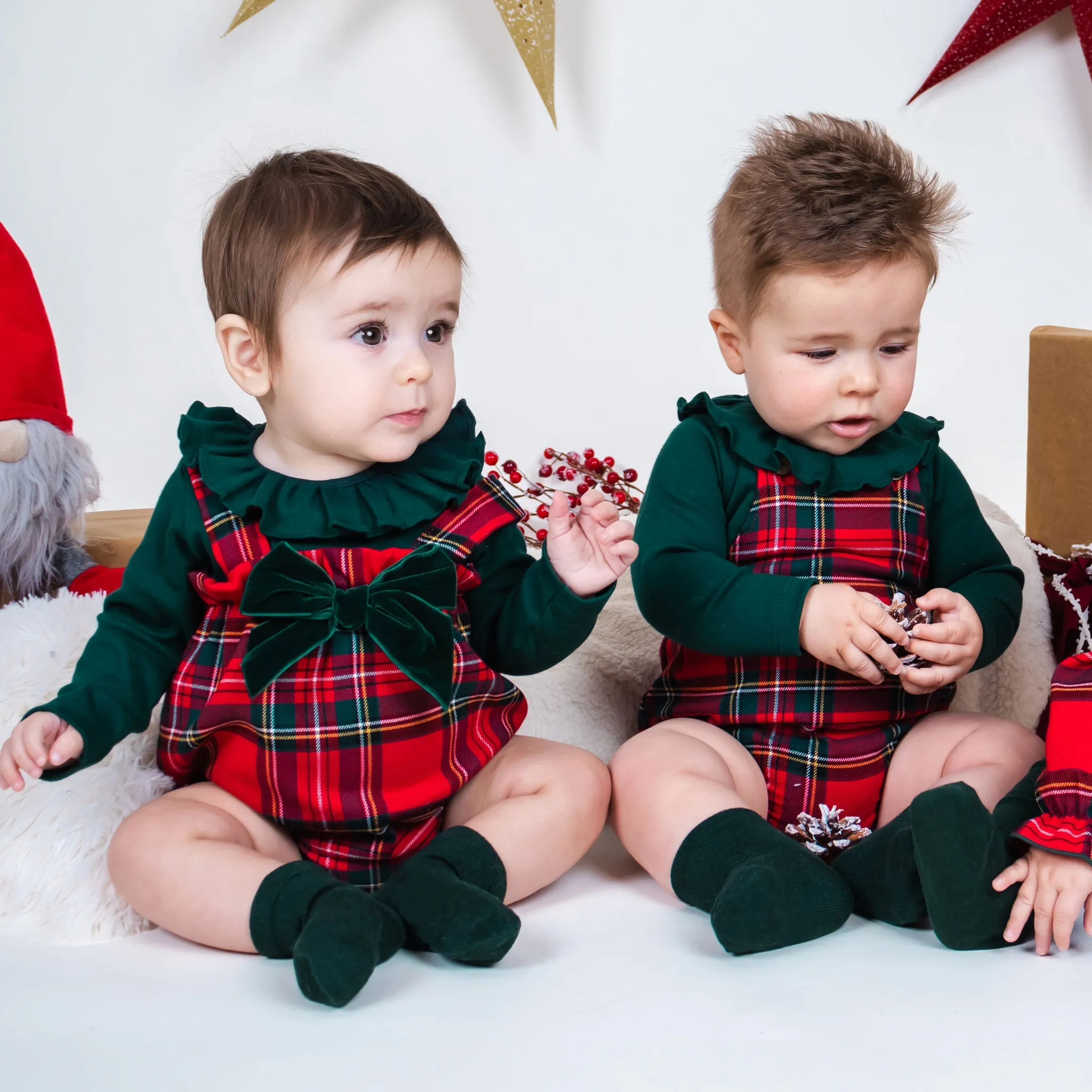 Baby Girls Red Tartan Romper with Velvet Bow - Calamaro 32464