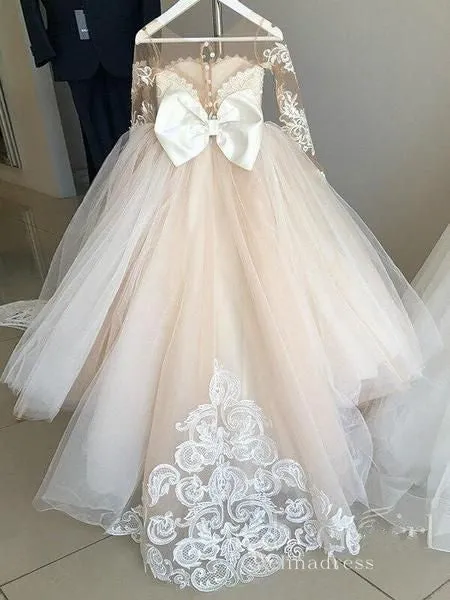 Ball Gown Long Sleeve Applique See Through Flower Girl Dresses With Bowknot GRS028