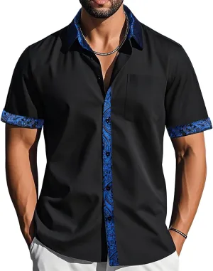 Barry.Wang Men's Short Sleeve Linen Shirts Casual Summer Button Down Business Formal Polyester Shirt Regular Wedding Party