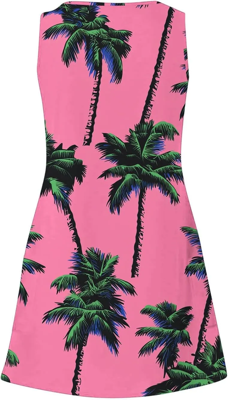 Beach Dresses Womens 2025 Vacation Sundress Summer Casual Boho Print Dress Sleeveless Crewneck Loose Short Tank Dress