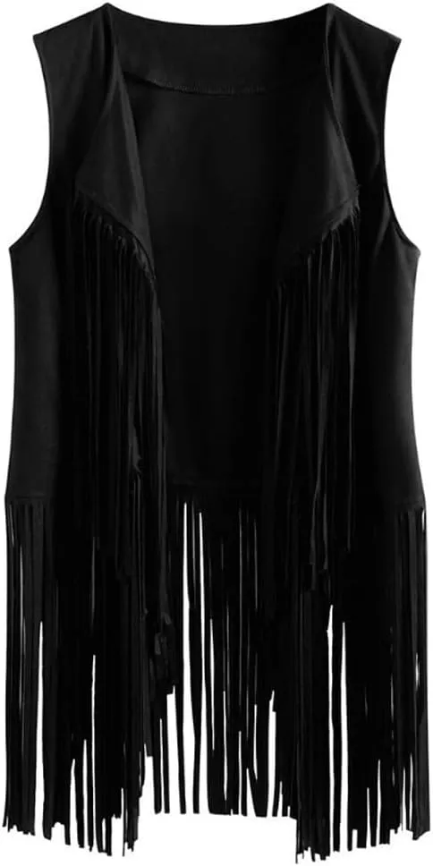 BXT Women's Casual Long Vintage Cardigan Tassels Vest Top Suede Sleeveless Fringe Jacket Outerwear