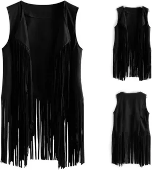 BXT Women's Casual Long Vintage Cardigan Tassels Vest Top Suede Sleeveless Fringe Jacket Outerwear