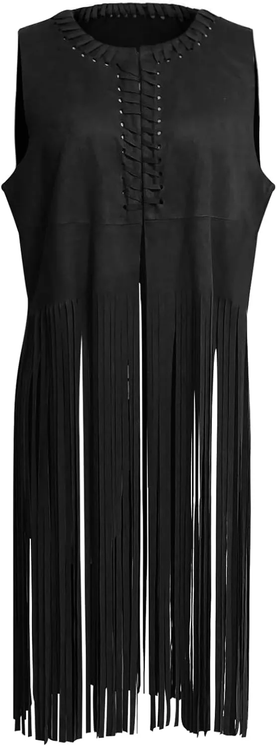 BXT Women's Casual Long Vintage Cardigan With Tassels Suede Sleeveless Vest Top Fringe Open Front Jacket Outerwear