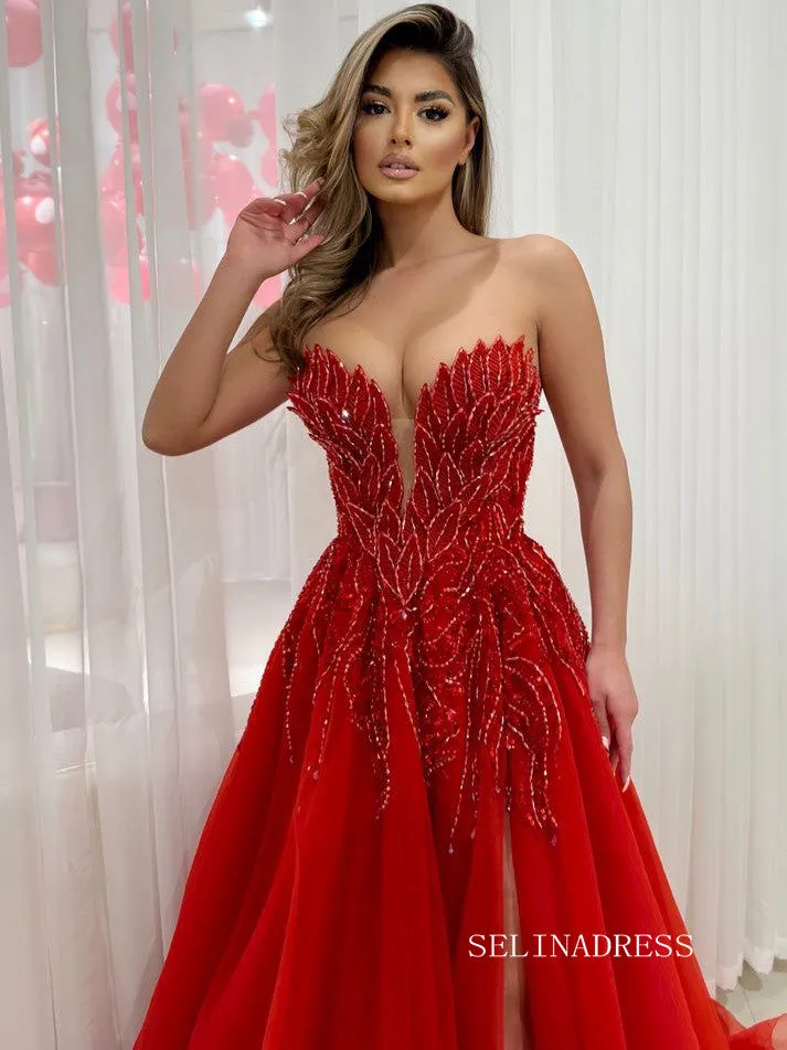Chic A-line Strapless Elegant Red Long Prom Dresses Thigh Split Beaded Evening Dress sew03343