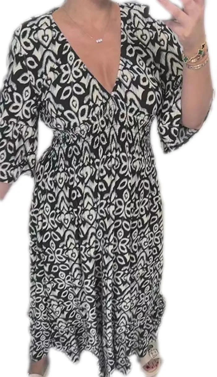 Chvity Boho Women's Summer V Neck Elastic Waist Pleated Half Sleeve Dress Floral Printed Ruffle Hem Dresses