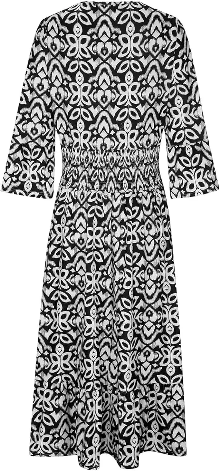 Chvity Boho Women's Summer V Neck Elastic Waist Pleated Half Sleeve Dress Floral Printed Ruffle Hem Dresses