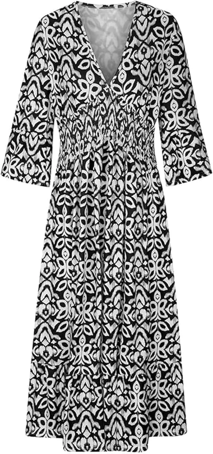 Chvity Boho Women's Summer V Neck Elastic Waist Pleated Half Sleeve Dress Floral Printed Ruffle Hem Dresses