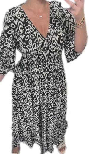 Chvity Boho Women's Summer V Neck Elastic Waist Pleated Half Sleeve Dress Floral Printed Ruffle Hem Dresses