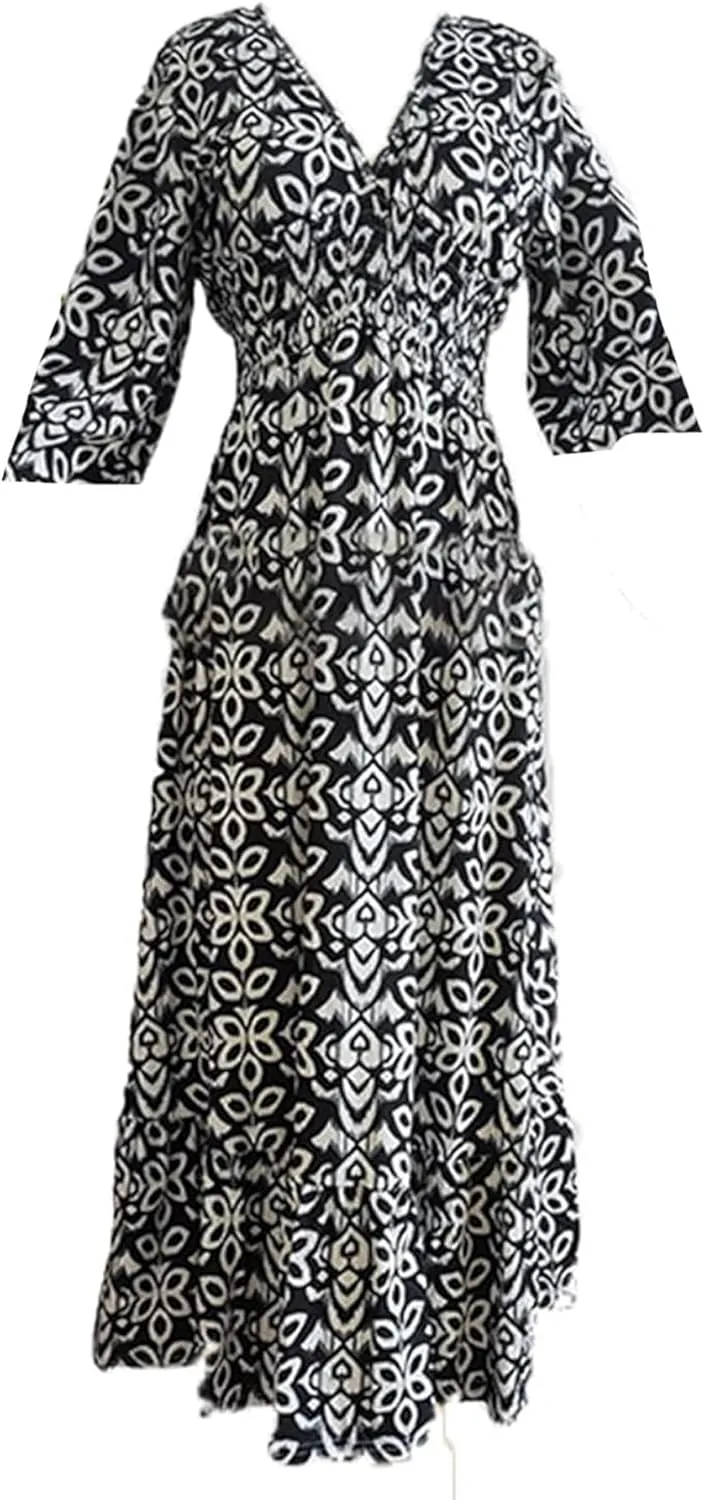 Chvity Boho Women's Summer V Neck Elastic Waist Pleated Half Sleeve Dress Floral Printed Ruffle Hem Dresses