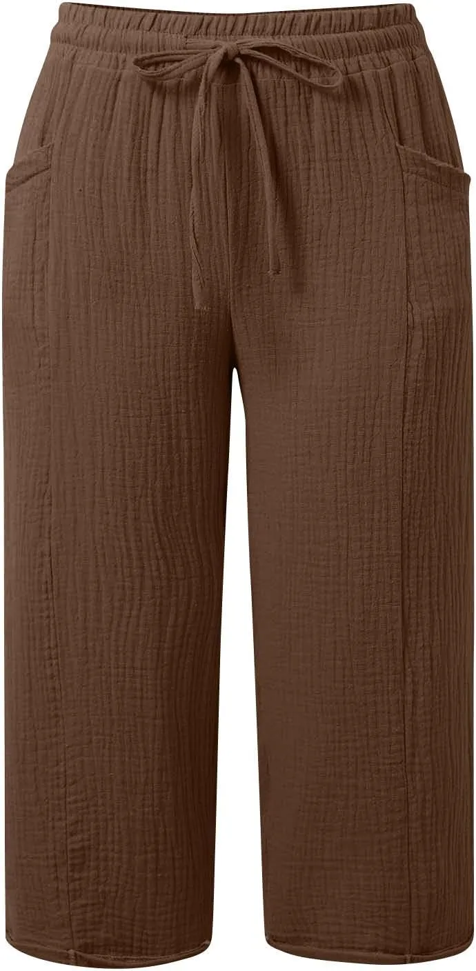 Cotton Linen Capri Pants Women 2025 Summer Casual Capris Wide Leg High Waist Drawstring Cropped Trousers with Pockets