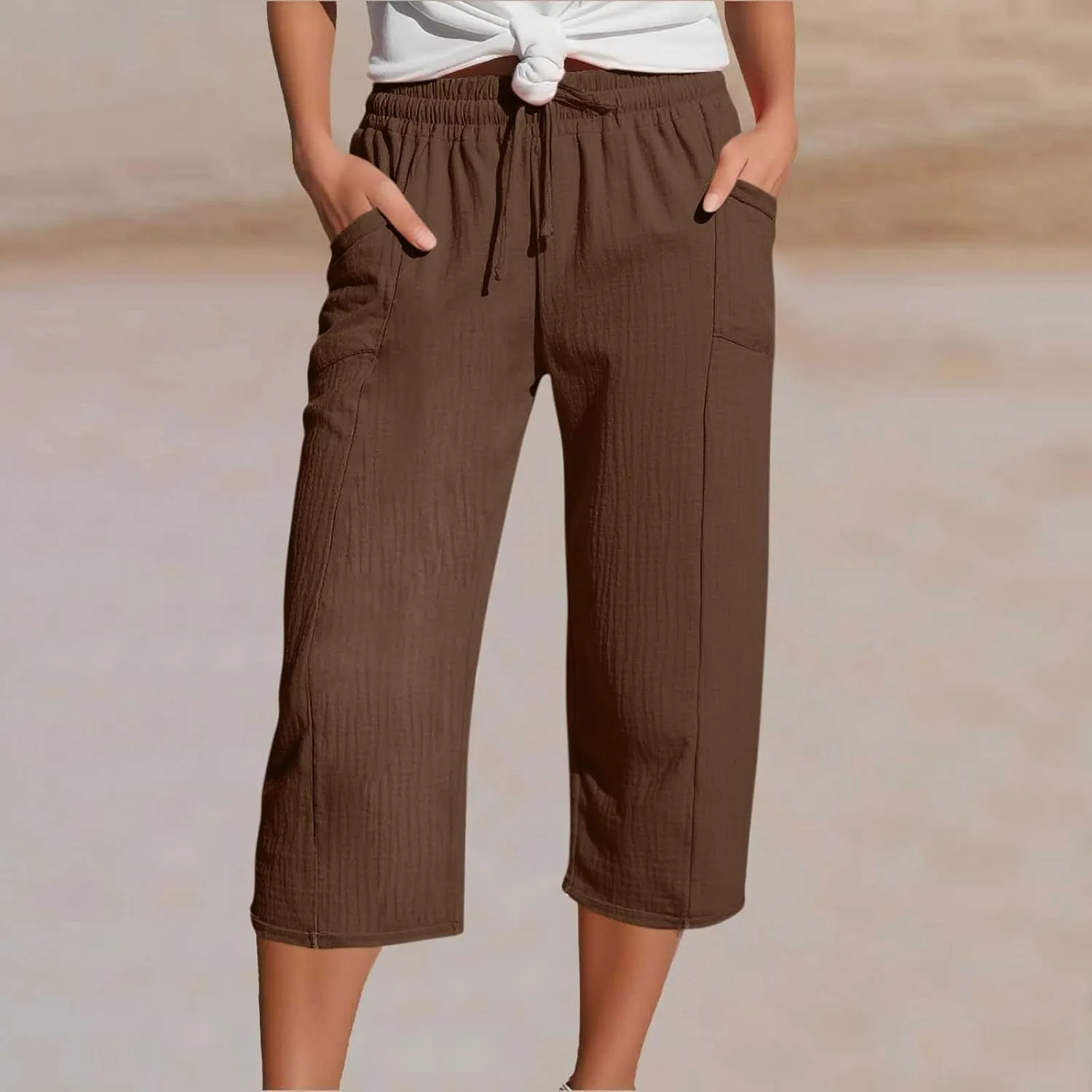 Cotton Linen Capri Pants Women 2025 Summer Casual Capris Wide Leg High Waist Drawstring Cropped Trousers with Pockets
