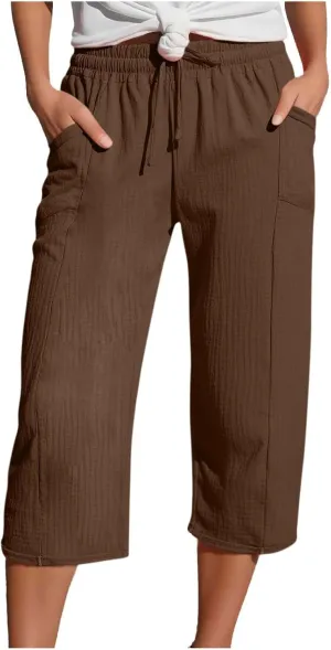 Cotton Linen Capri Pants Women 2025 Summer Casual Capris Wide Leg High Waist Drawstring Cropped Trousers with Pockets