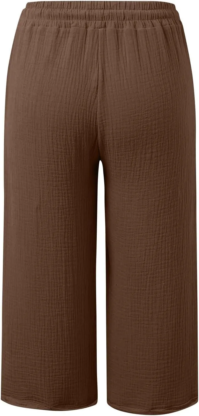 Cotton Linen Capri Pants Women 2025 Summer Casual Capris Wide Leg High Waist Drawstring Cropped Trousers with Pockets