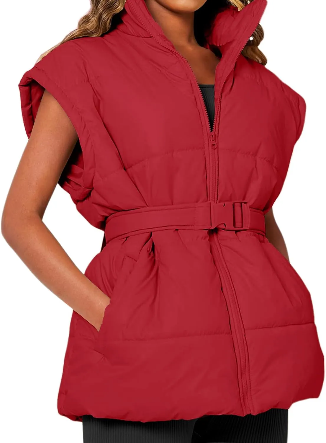 Danedvi Women's Oversized Puffer Vest Stand Collar Cap Sleeve Padded Gilet Outerwear with Belted