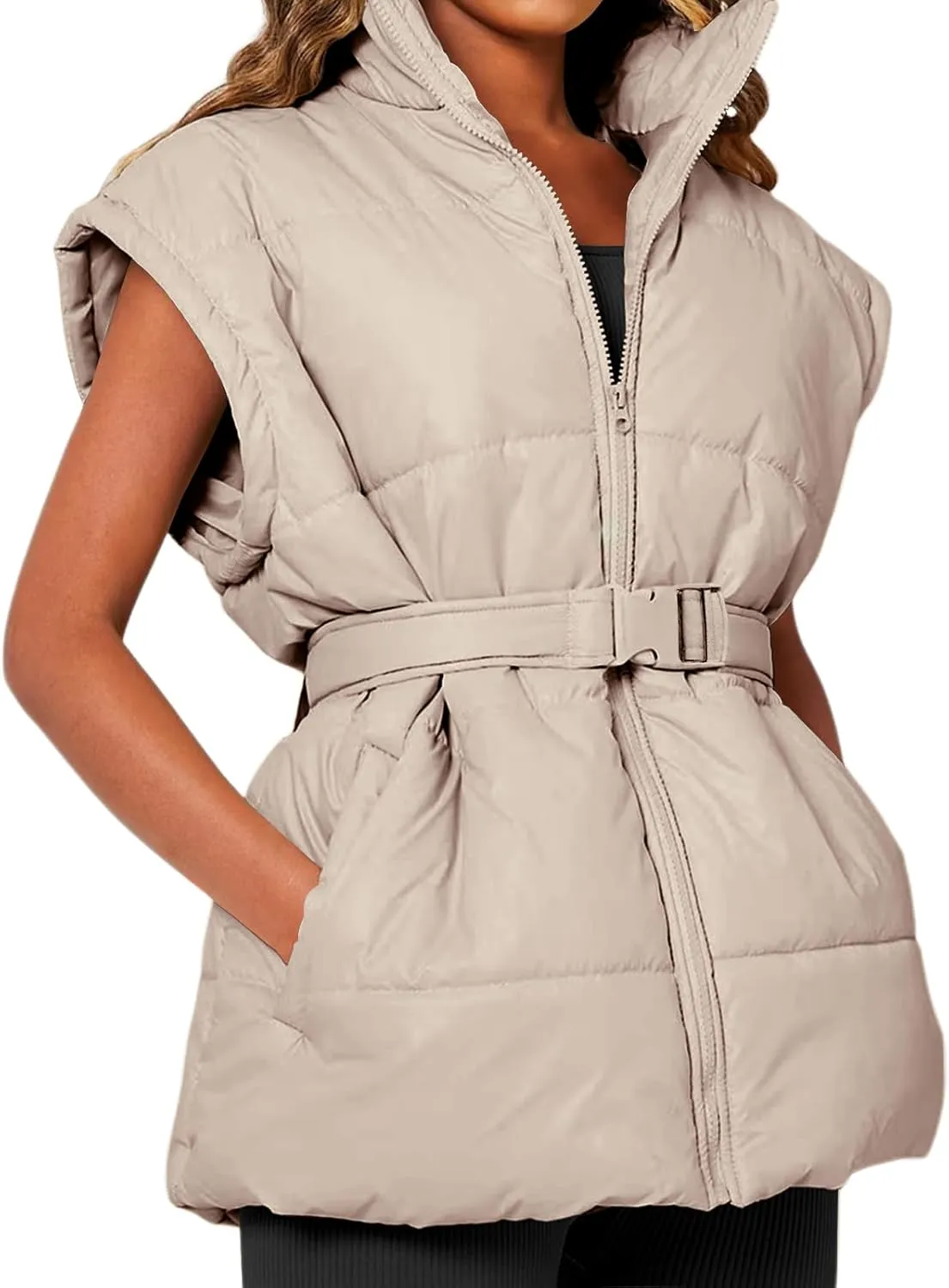 Danedvi Women's Oversized Puffer Vest Stand Collar Cap Sleeve Padded Gilet Outerwear with Belted