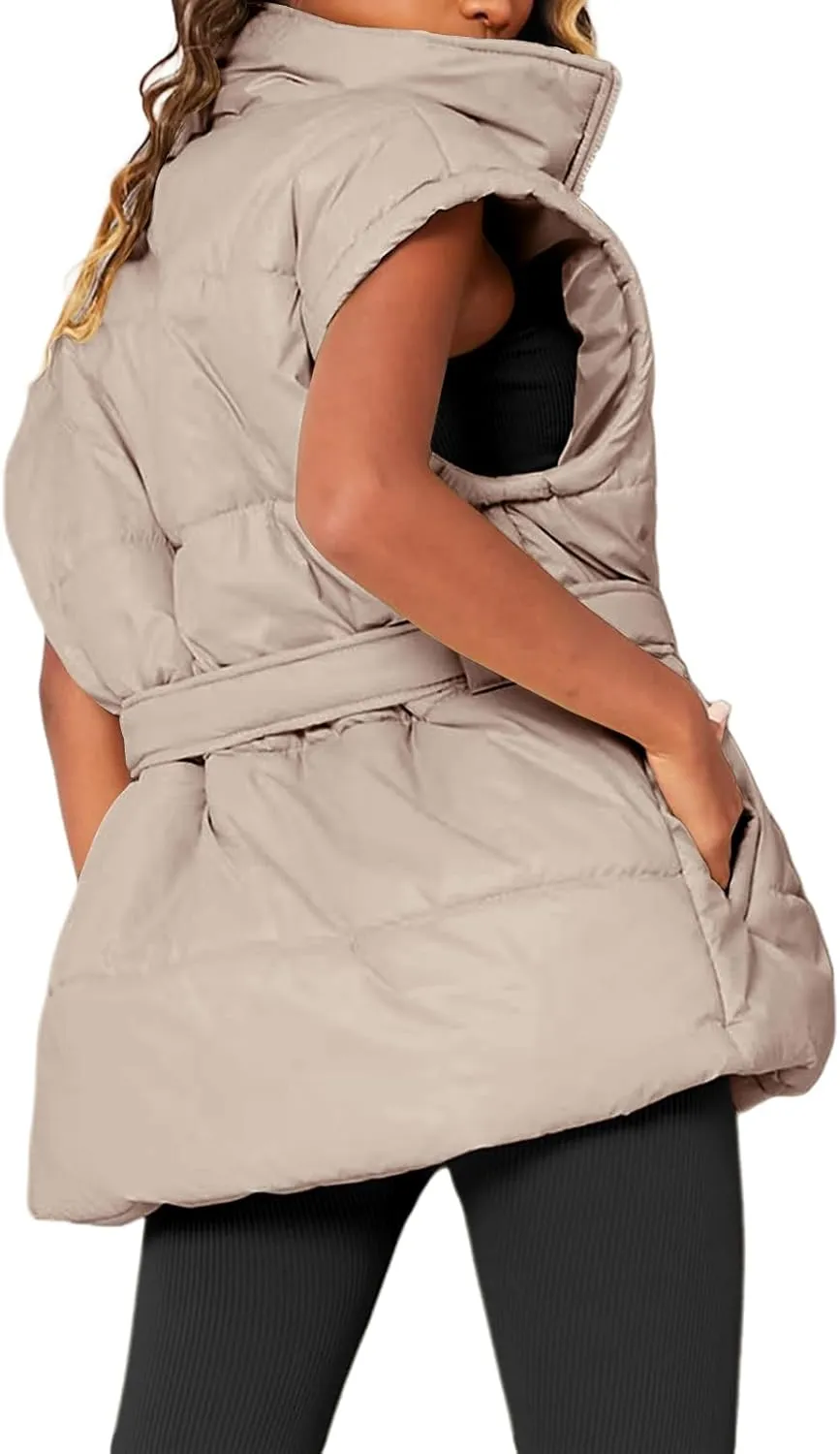 Danedvi Women's Oversized Puffer Vest Stand Collar Cap Sleeve Padded Gilet Outerwear with Belted