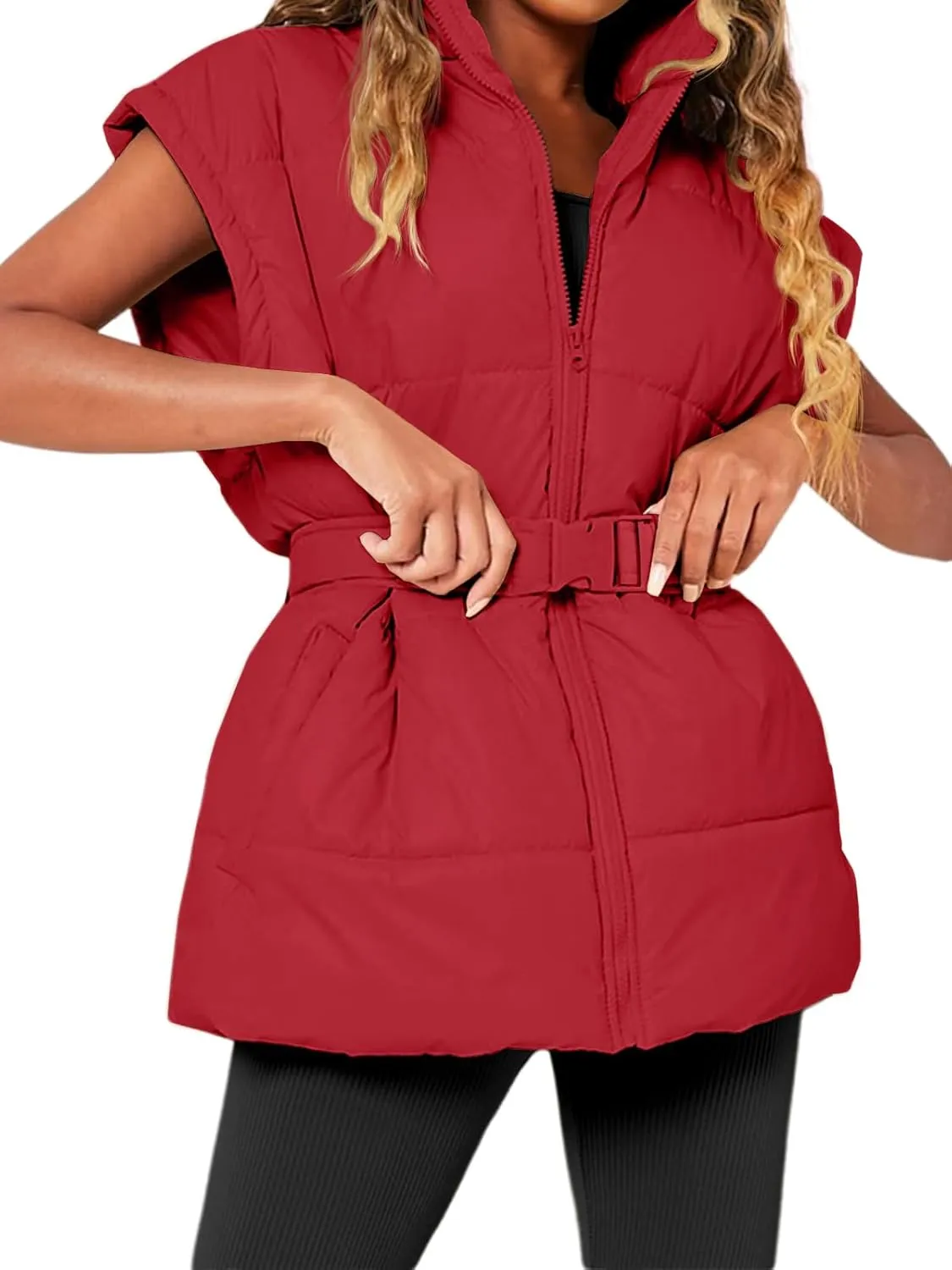 Danedvi Women's Oversized Puffer Vest Stand Collar Cap Sleeve Padded Gilet Outerwear with Belted