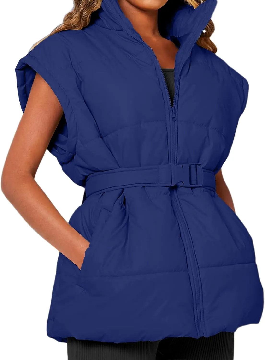 Danedvi Women's Oversized Puffer Vest Stand Collar Cap Sleeve Padded Gilet Outerwear with Belted