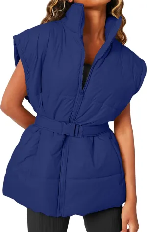 Danedvi Women's Oversized Puffer Vest Stand Collar Cap Sleeve Padded Gilet Outerwear with Belted