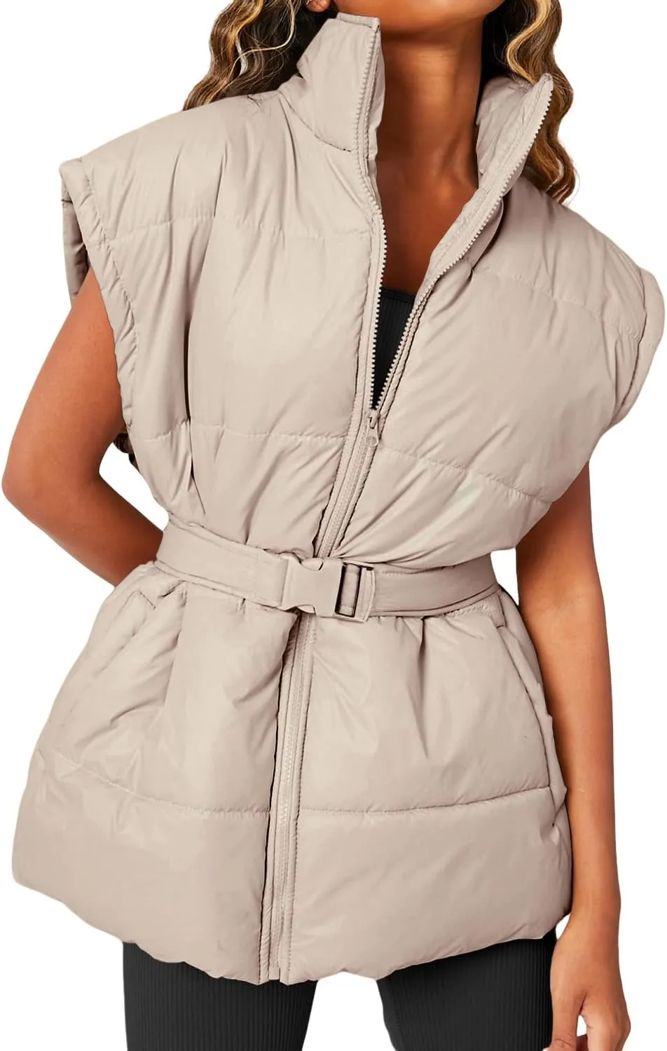 Danedvi Women's Oversized Puffer Vest Stand Collar Cap Sleeve Padded Gilet Outerwear with Belted