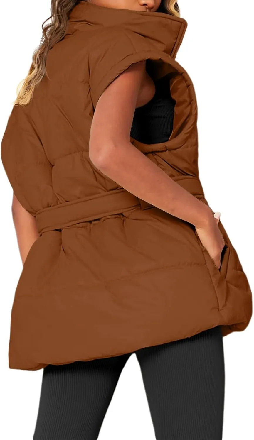 Danedvi Women's Oversized Puffer Vest Stand Collar Cap Sleeve Padded Gilet Outerwear with Belted