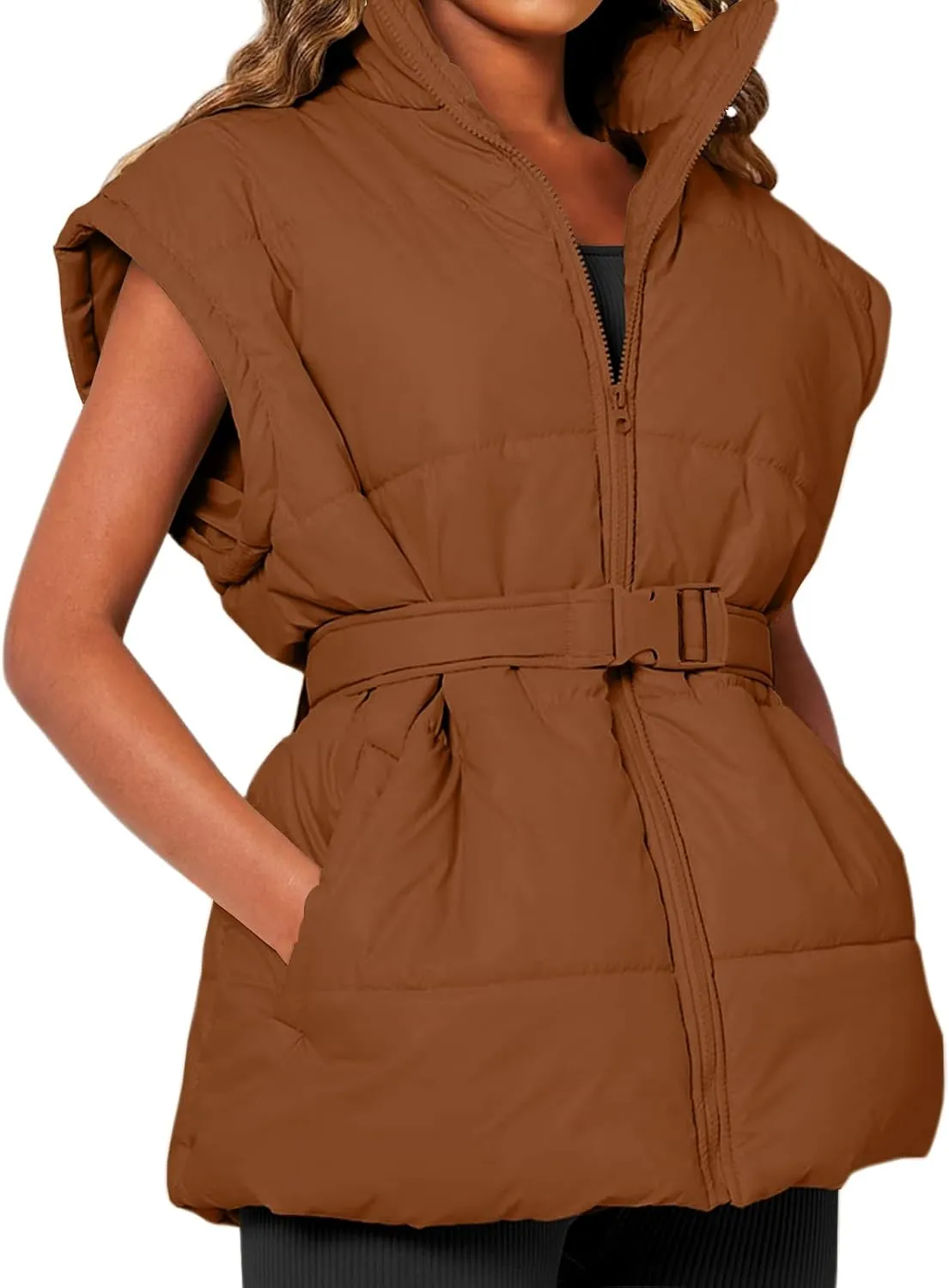 Danedvi Women's Oversized Puffer Vest Stand Collar Cap Sleeve Padded Gilet Outerwear with Belted