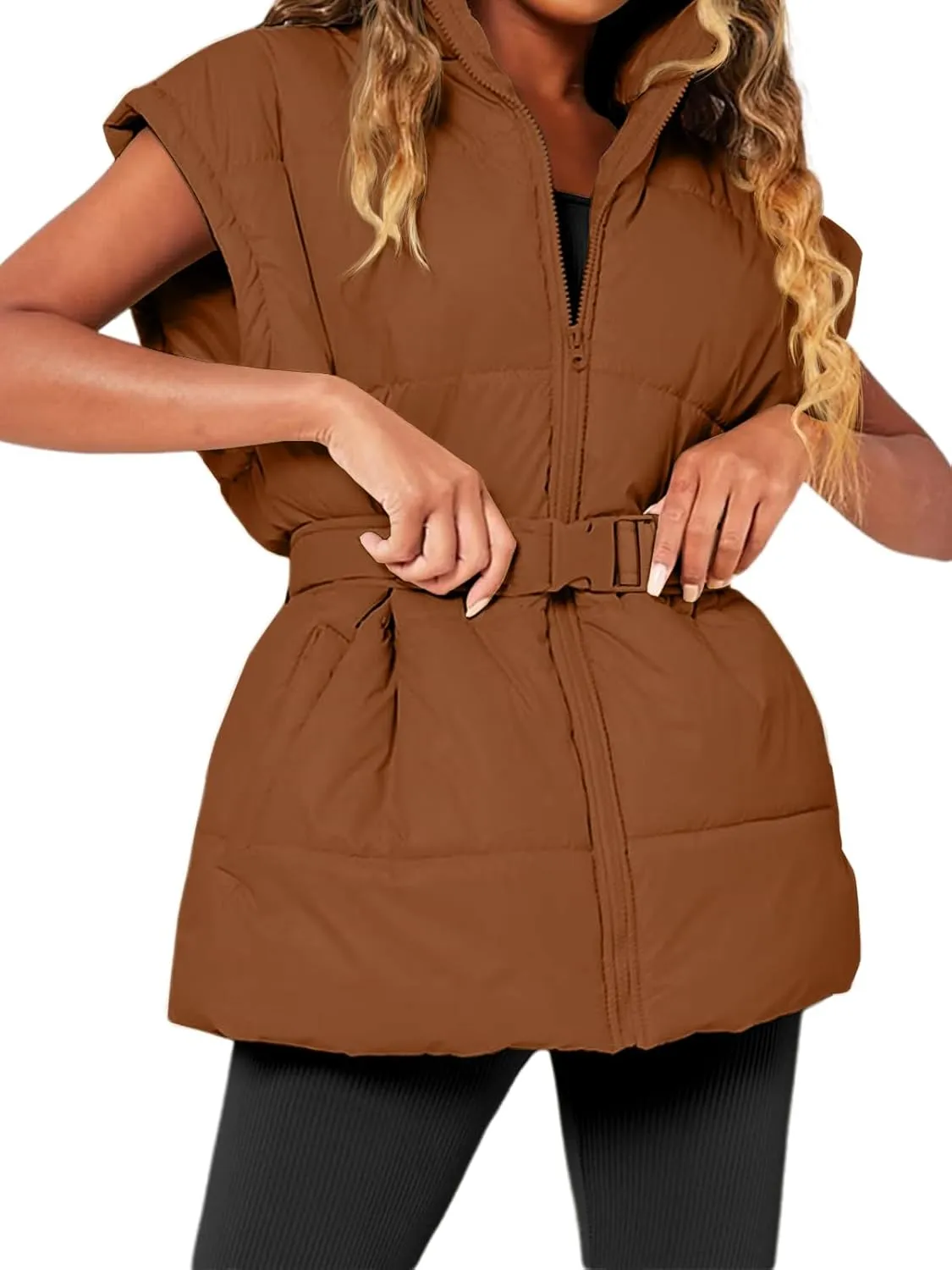 Danedvi Women's Oversized Puffer Vest Stand Collar Cap Sleeve Padded Gilet Outerwear with Belted