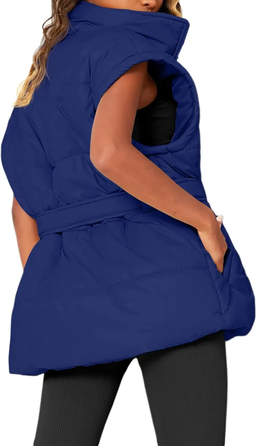 Danedvi Women's Oversized Puffer Vest Stand Collar Cap Sleeve Padded Gilet Outerwear with Belted