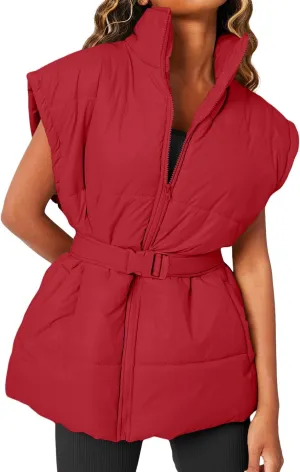 Danedvi Women's Oversized Puffer Vest Stand Collar Cap Sleeve Padded Gilet Outerwear with Belted