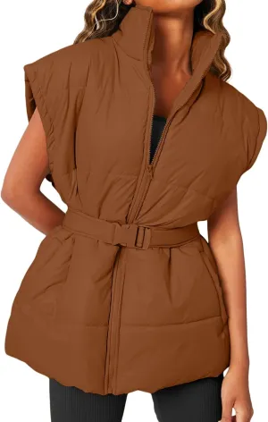 Danedvi Women's Oversized Puffer Vest Stand Collar Cap Sleeve Padded Gilet Outerwear with Belted