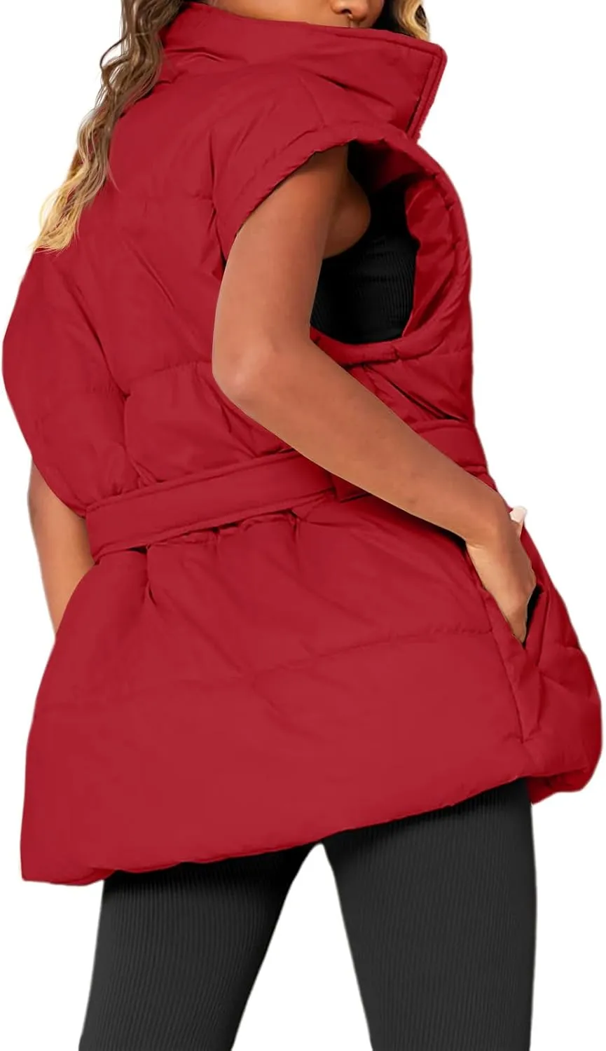 Danedvi Women's Oversized Puffer Vest Stand Collar Cap Sleeve Padded Gilet Outerwear with Belted