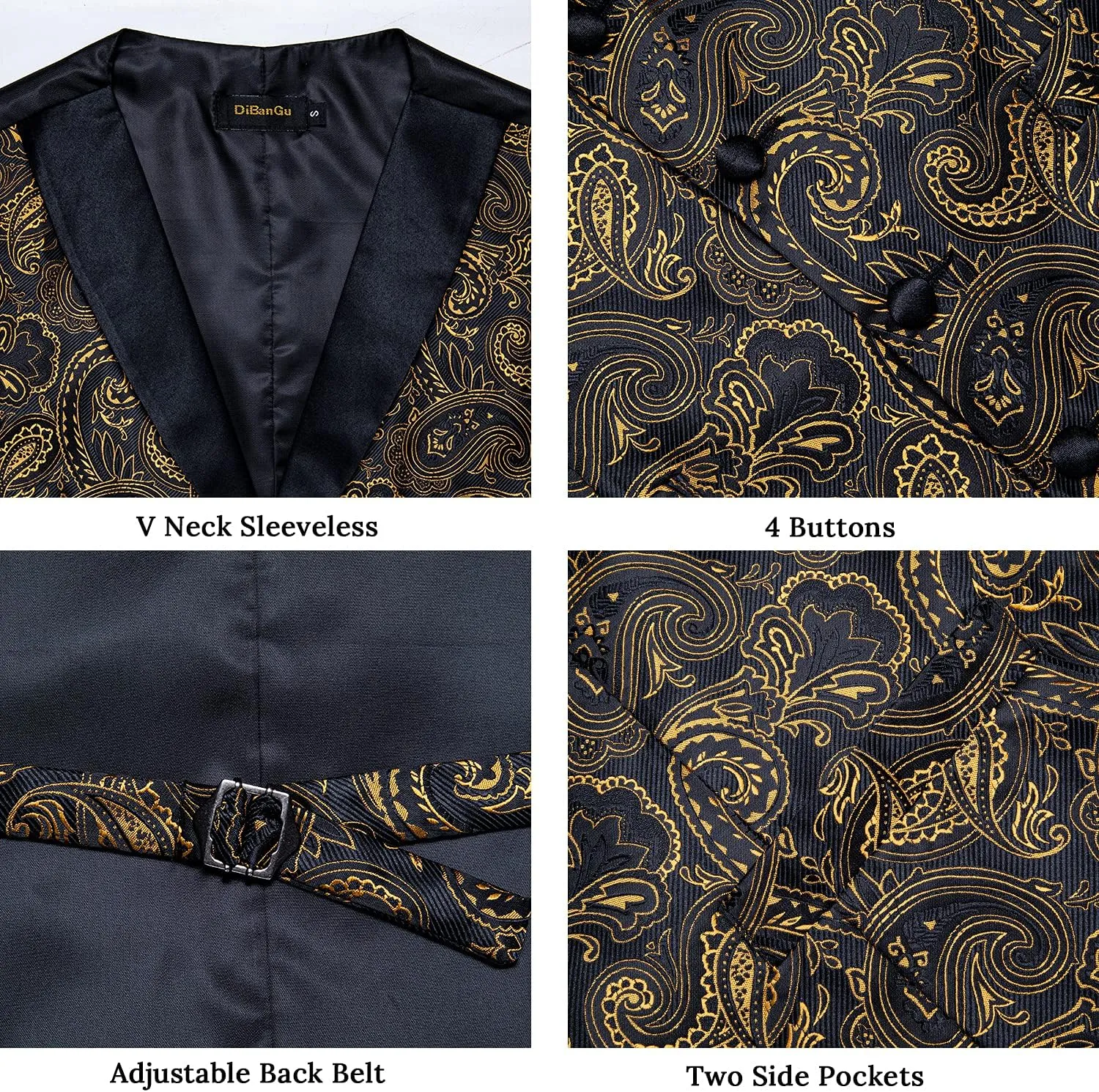 DiBanGu Mens Paisley Suit Vest Silk Jacquard Waistcoat and Necktie Set Formal Shawl Collar Dress Vest 7PCS for Wedding Party