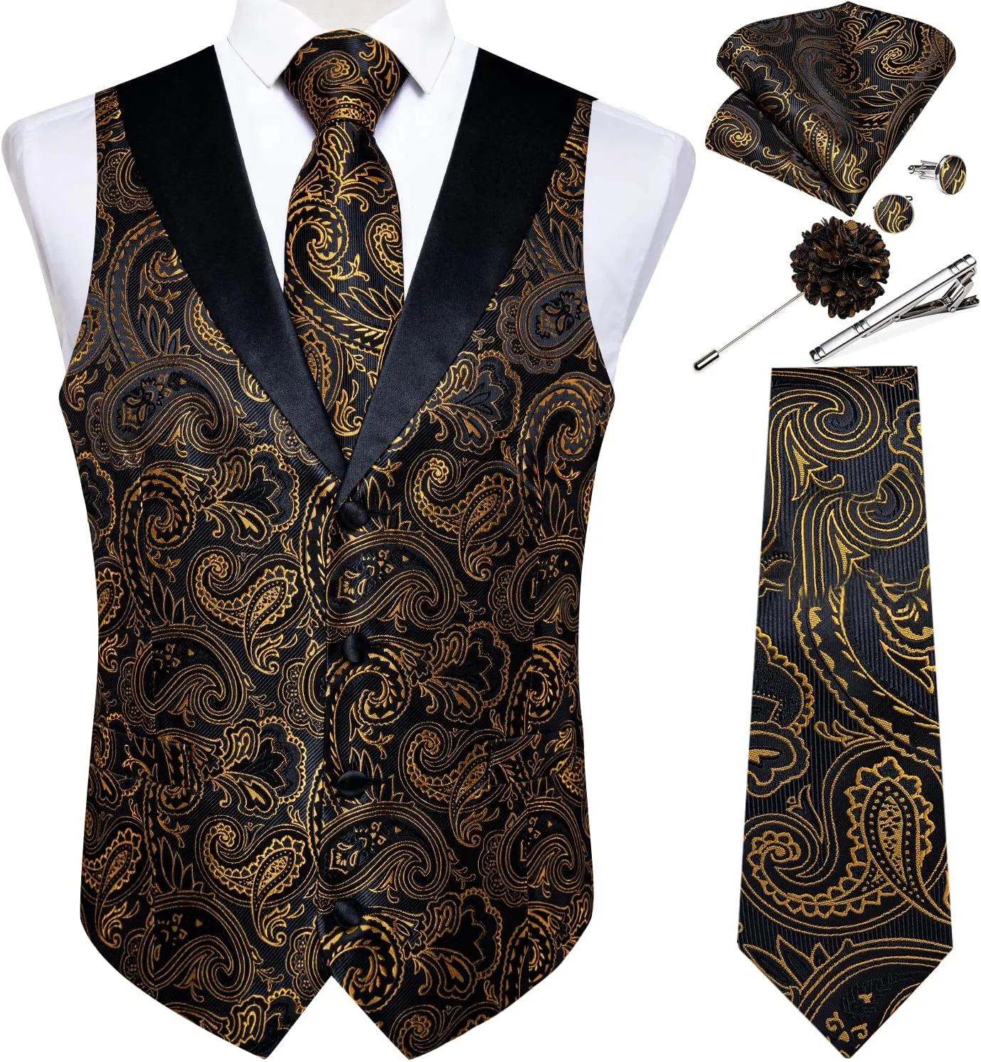 DiBanGu Mens Paisley Suit Vest Silk Jacquard Waistcoat and Necktie Set Formal Shawl Collar Dress Vest 7PCS for Wedding Party