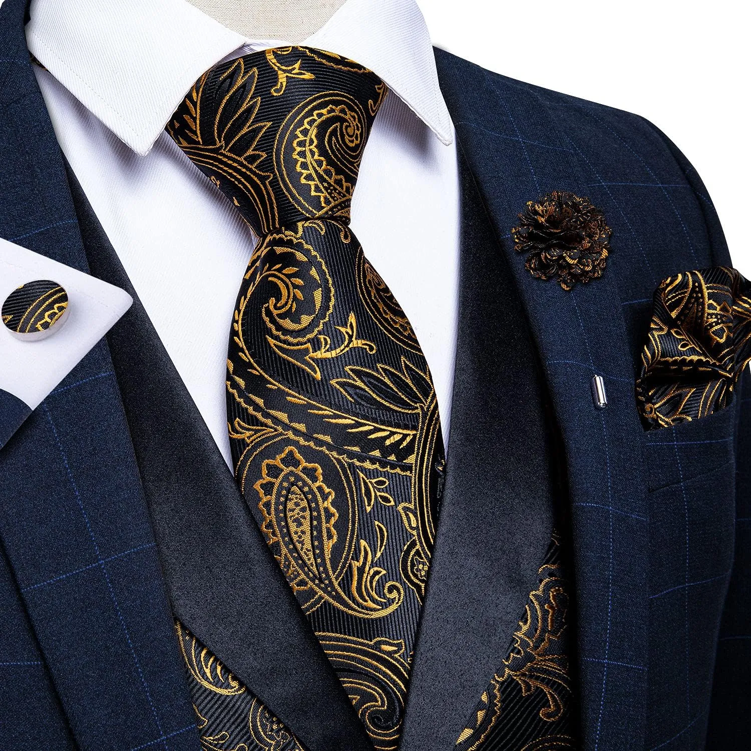 DiBanGu Mens Paisley Suit Vest Silk Jacquard Waistcoat and Necktie Set Formal Shawl Collar Dress Vest 7PCS for Wedding Party
