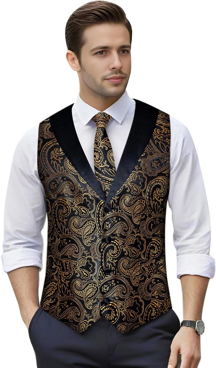 DiBanGu Mens Paisley Suit Vest Silk Jacquard Waistcoat and Necktie Set Formal Shawl Collar Dress Vest 7PCS for Wedding Party